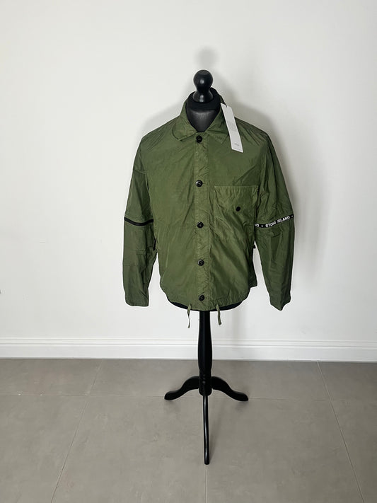 Stone Island Detachable-Sleeves Logo-Trim Shell Jacket (Olive)